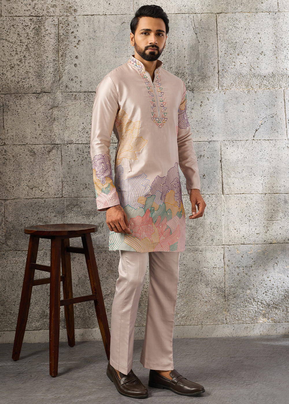 Light Salmon Pink Silk Festive Kurta Pajama Set with Intricate Sequin Detailing