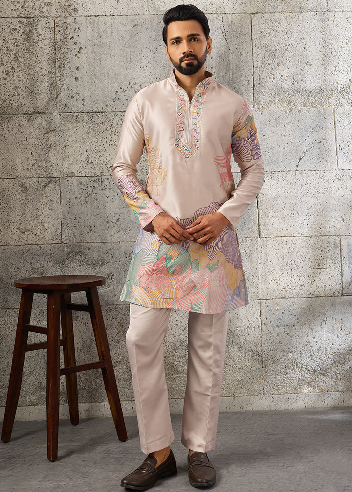 Light Salmon Pink Silk Festive Kurta Pajama Set with Intricate Sequin Detailing