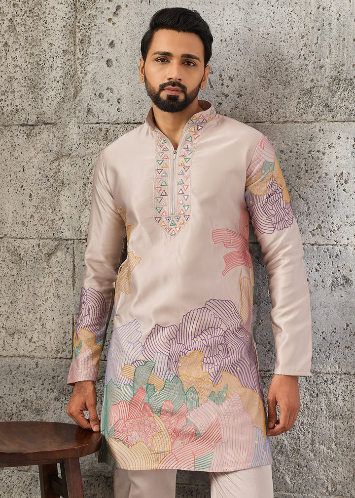 Light Salmon Pink Silk Festive Kurta Pajama Set with Intricate Sequin Detailing