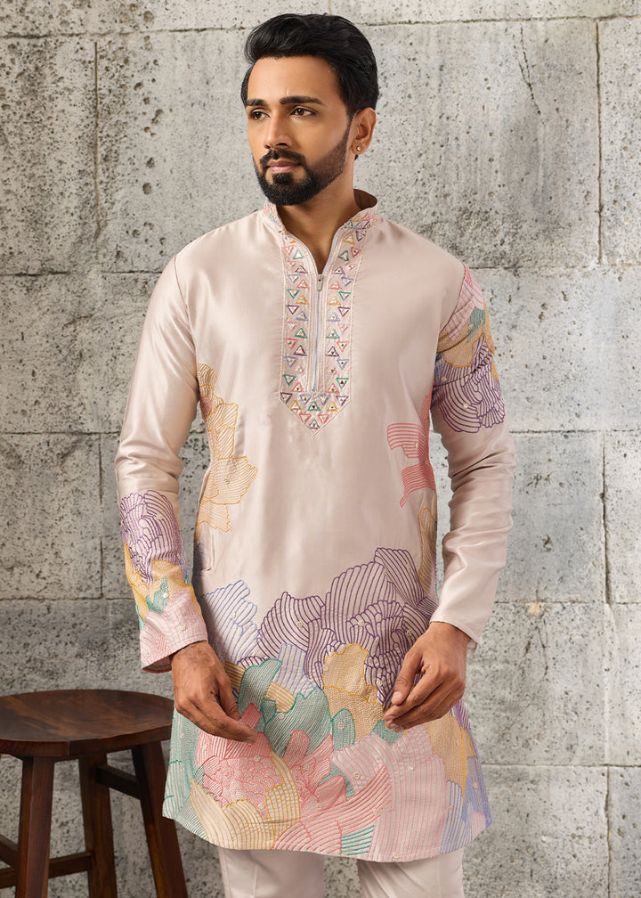 Light Salmon Pink Silk Festive Kurta Pajama Set with Intricate Sequin Detailing