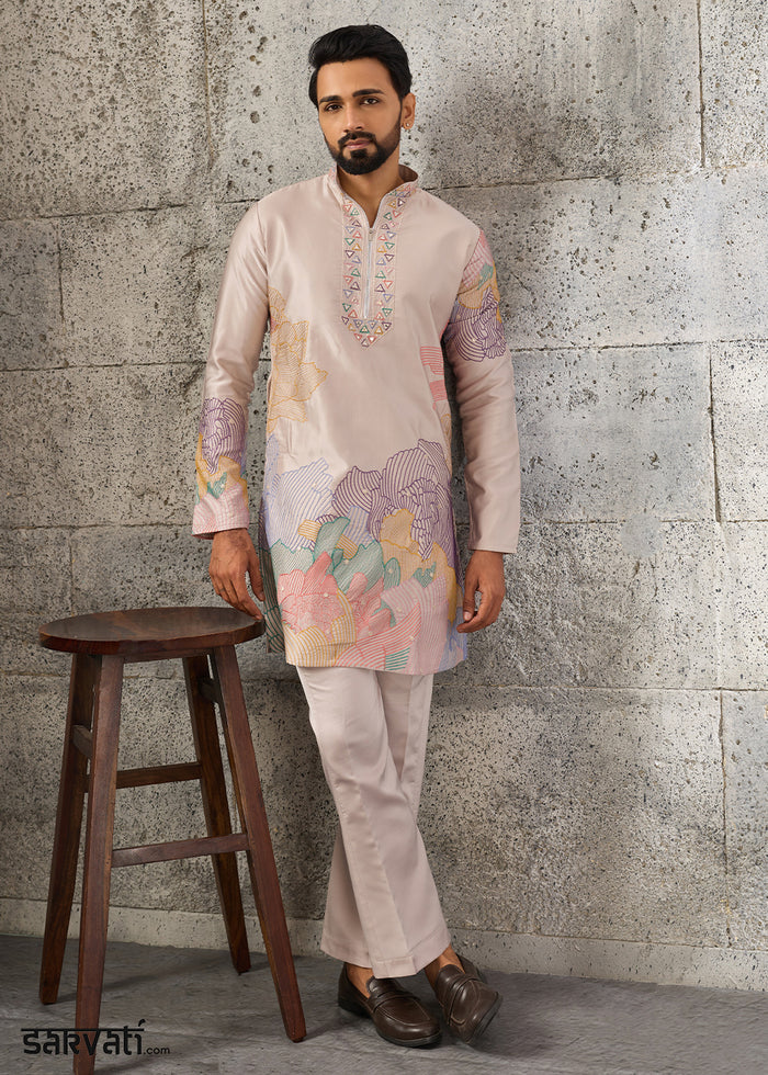 Light Salmon Pink Silk Festive Kurta Pajama Set with Intricate Sequin Detailing