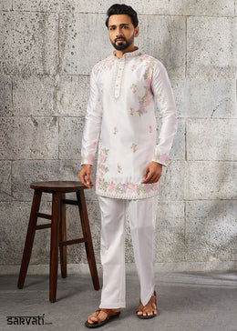 Ice White Silk Kurta Pajama Set with Intricate Thread & Sequin Detailing