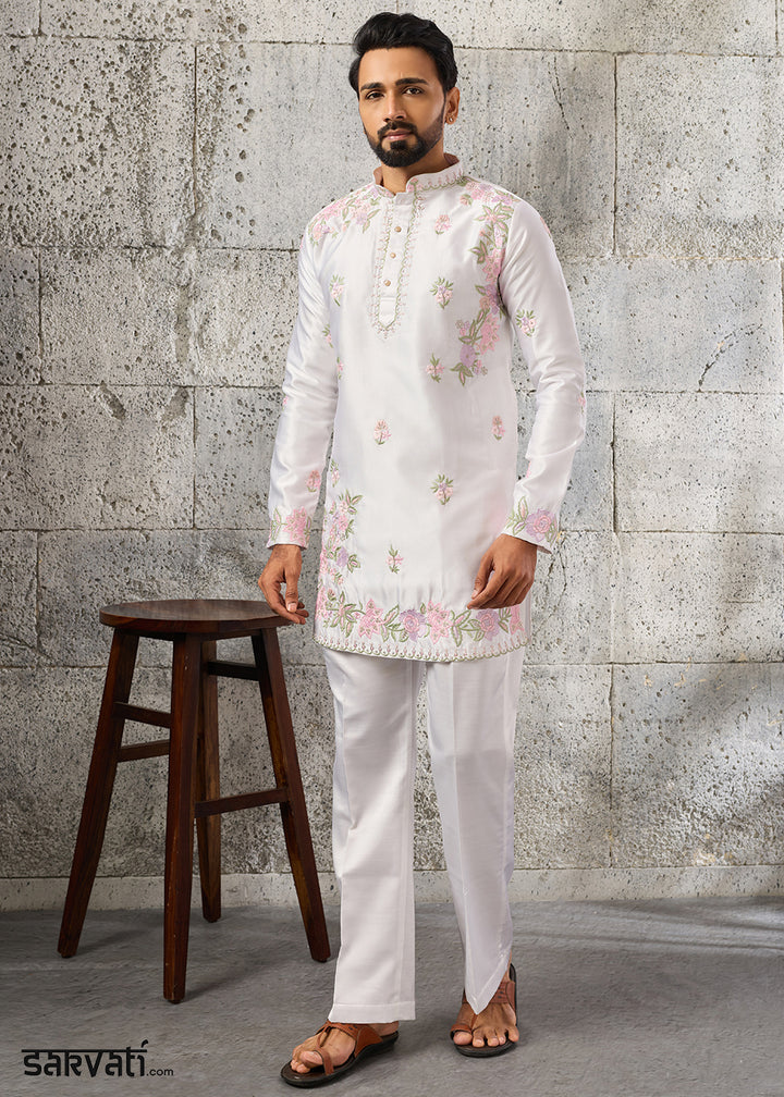 Ice White Silk Kurta Pajama Set with Intricate Thread &amp; Sequin Detailing