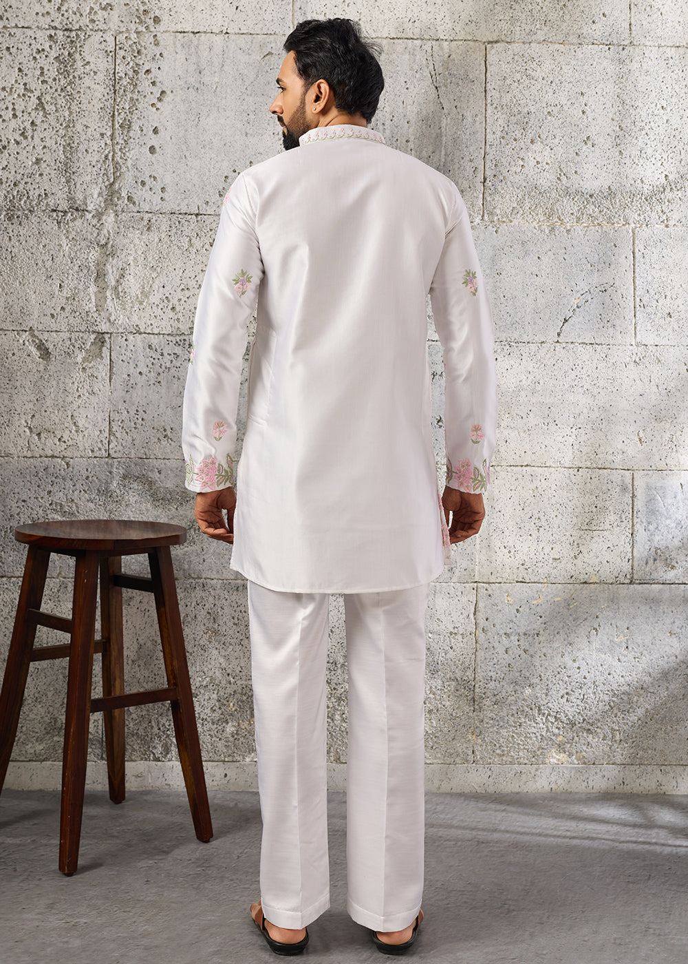 Ice White Silk Kurta Pajama Set with Intricate Thread &amp; Sequin Detailing