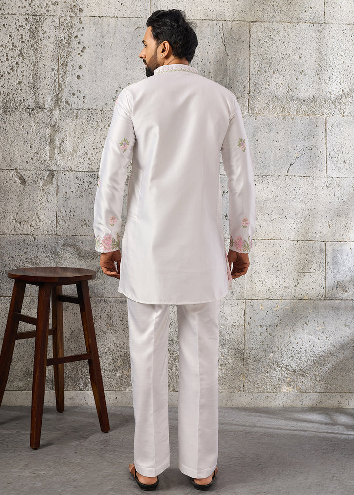 Ice White Silk Kurta Pajama Set with Intricate Thread &amp; Sequin Detailing