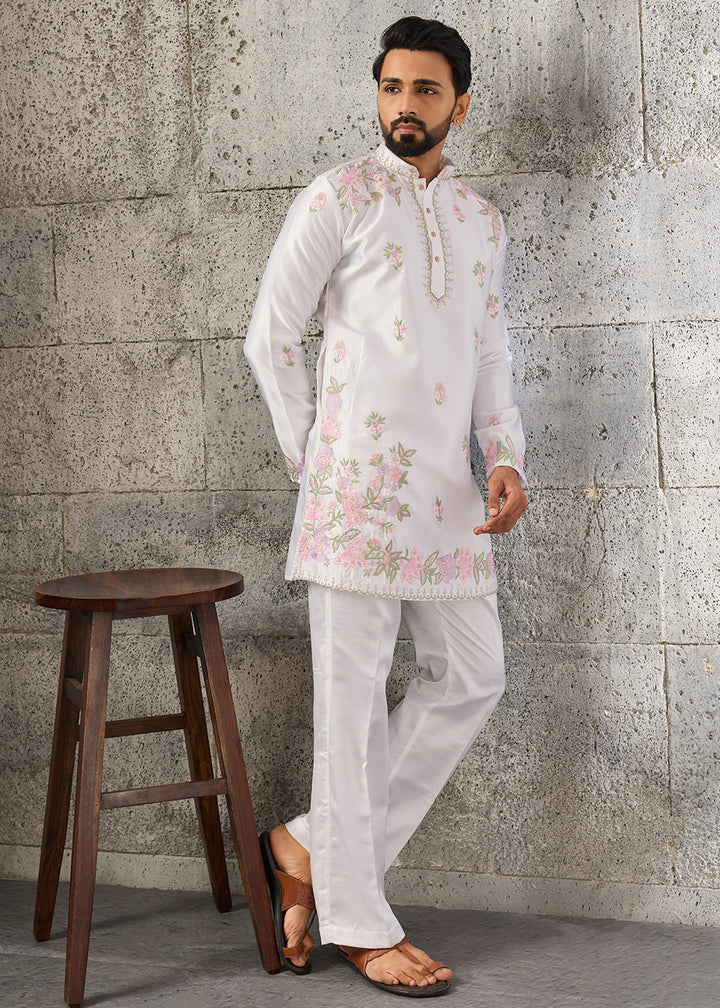 Ice White Silk Kurta Pajama Set with Intricate Thread &amp; Sequin Detailing
