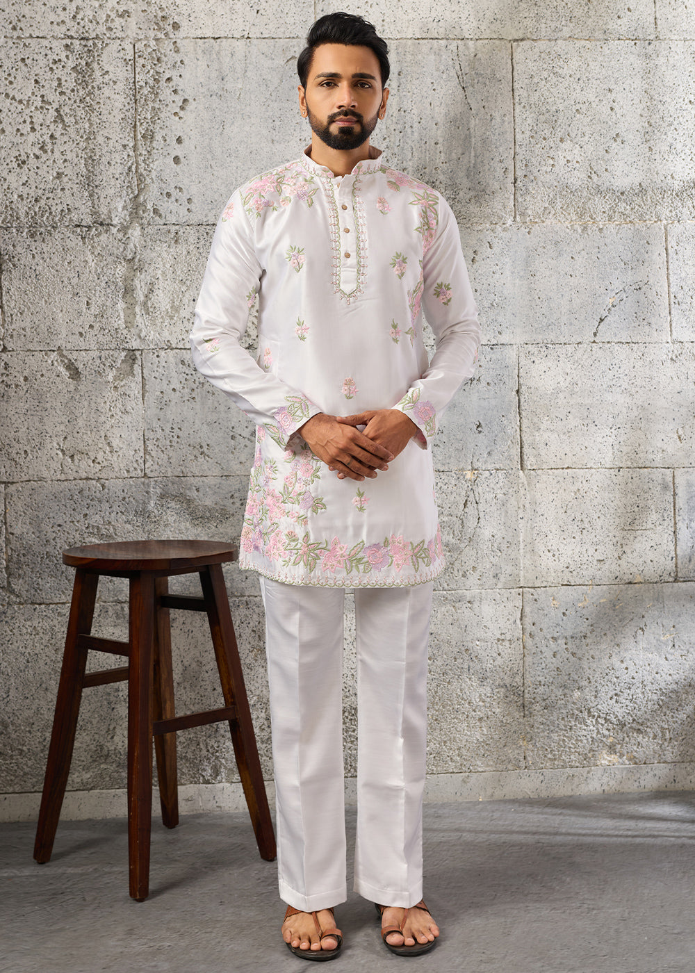 Ice White Silk Kurta Pajama Set with Intricate Thread &amp; Sequin Detailing
