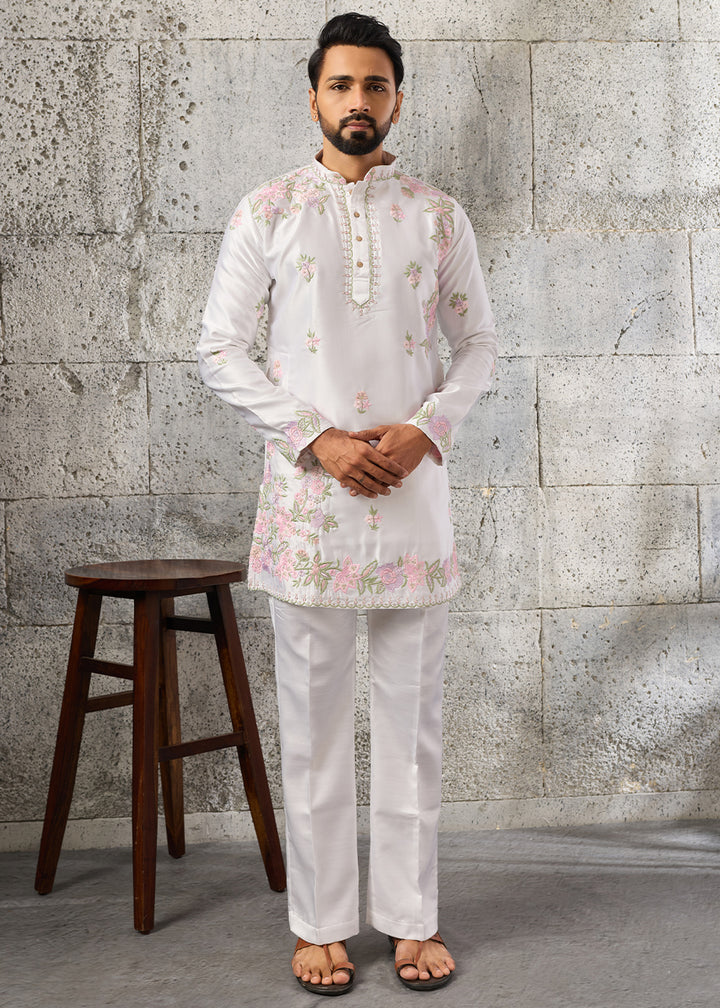 Ice White Silk Kurta Pajama Set with Intricate Thread &amp; Sequin Detailing