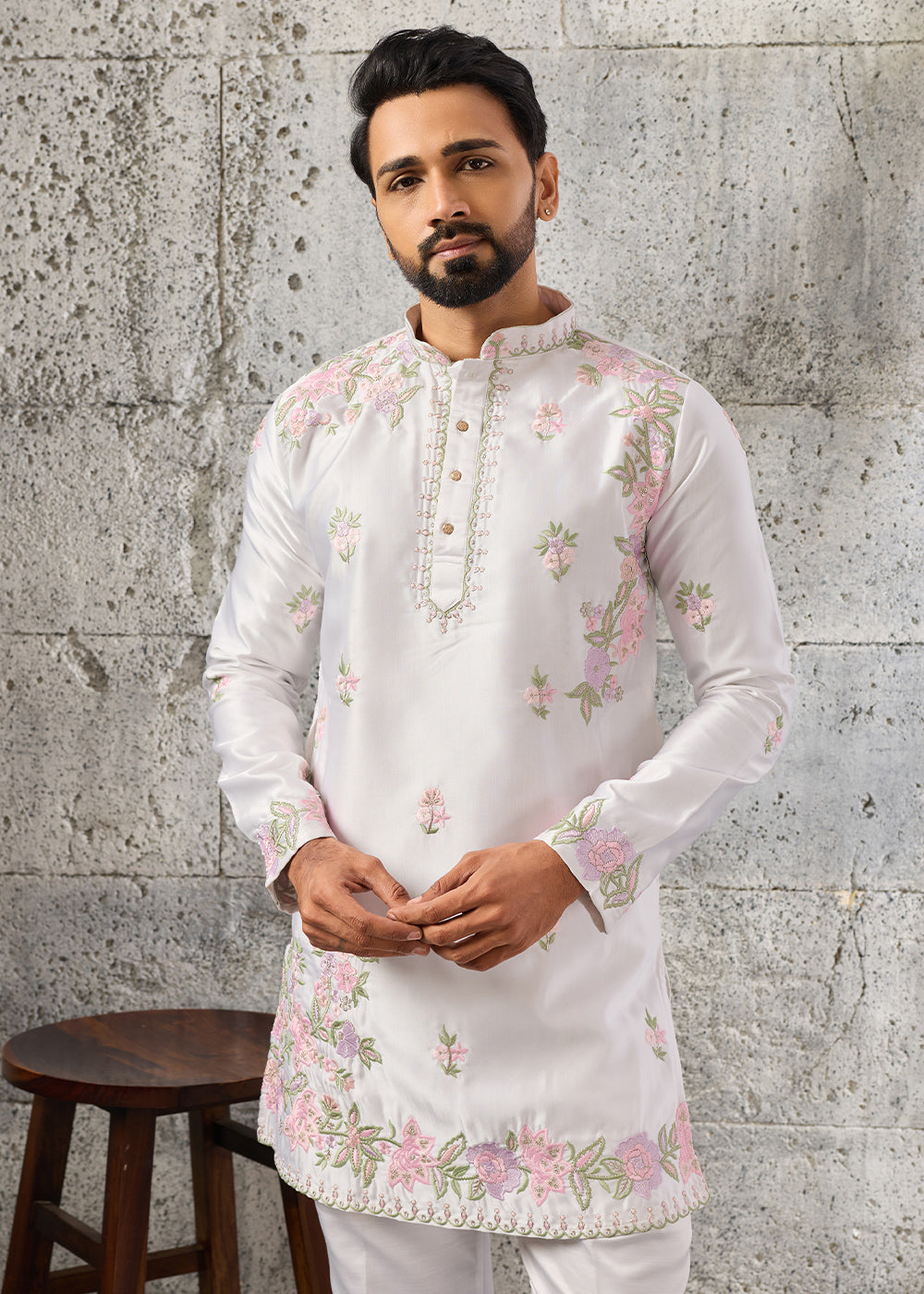 Ice White Silk Kurta Pajama Set with Intricate Thread &amp; Sequin Detailing