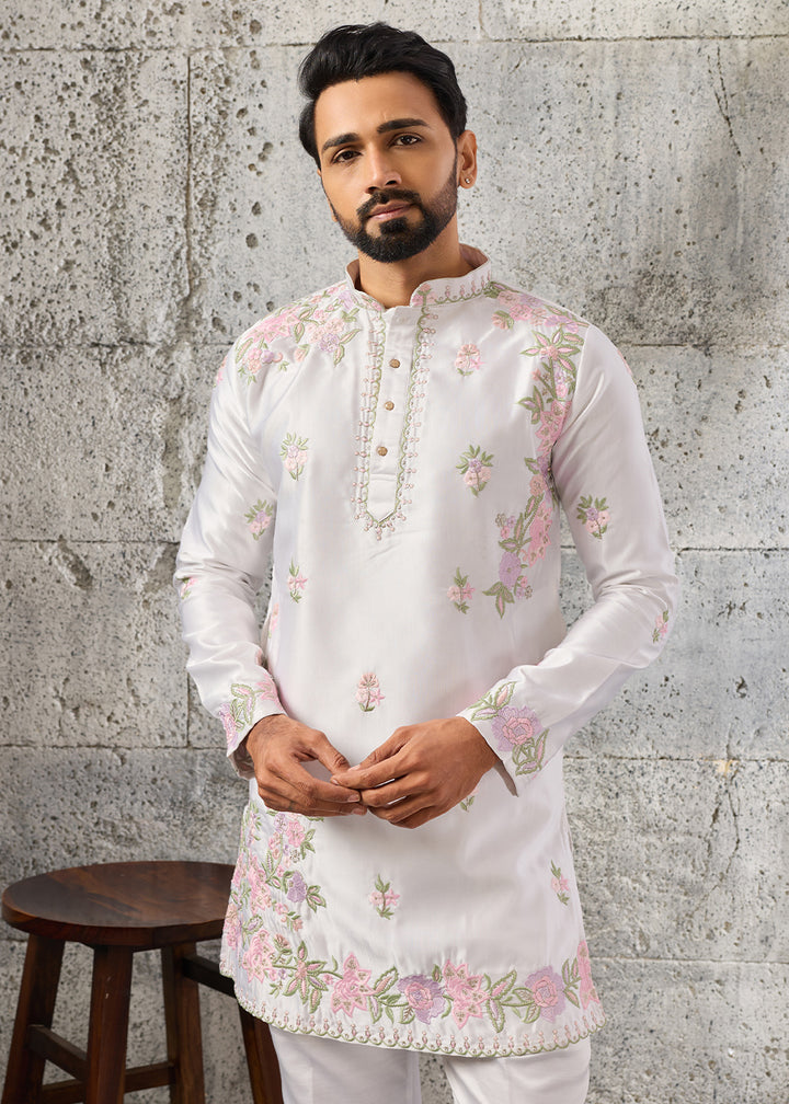 Ice White Silk Kurta Pajama Set with Intricate Thread &amp; Sequin Detailing