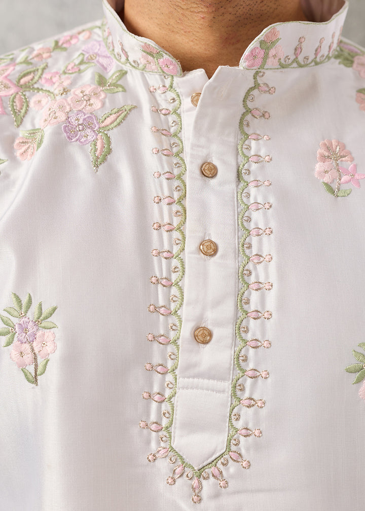 Ice White Silk Kurta Pajama Set with Intricate Thread &amp; Sequin Detailing
