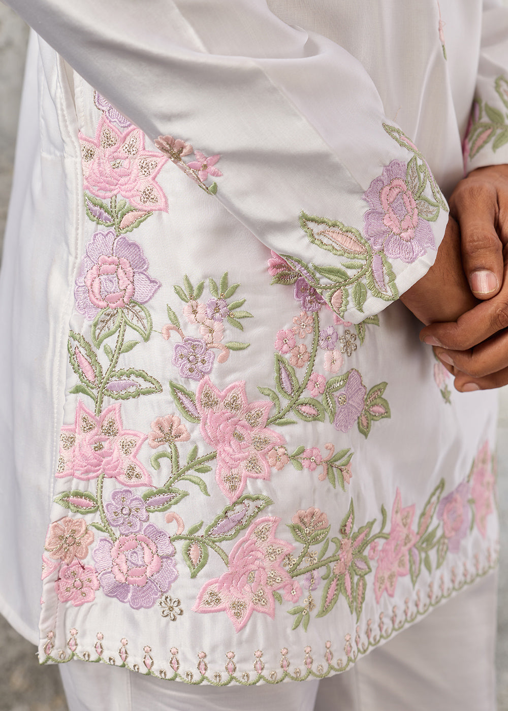 Ice White Silk Kurta Pajama Set with Intricate Thread &amp; Sequin Detailing