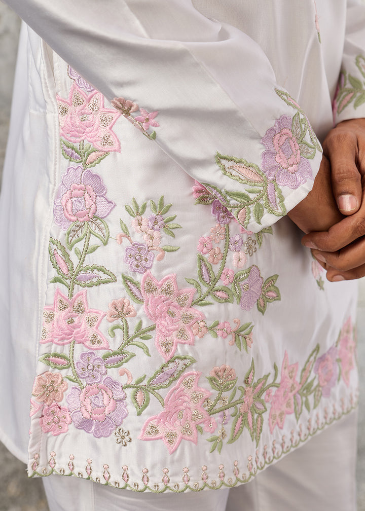 Ice White Silk Kurta Pajama Set with Intricate Thread &amp; Sequin Detailing