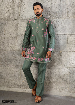 Grey Teal Green Silk Kurta Pajama Set with Intricate Thread & Sequin Detailing