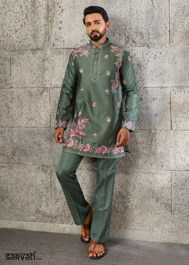 Grey Teal Green Silk Kurta Pajama Set with Intricate Thread &amp; Sequin Detailing