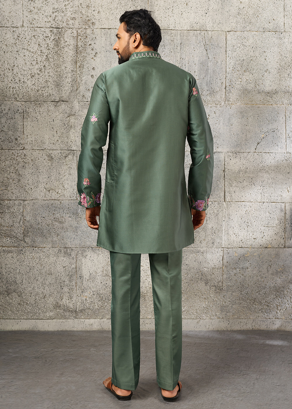 Grey Teal Green Silk Kurta Pajama Set with Intricate Thread &amp; Sequin Detailing