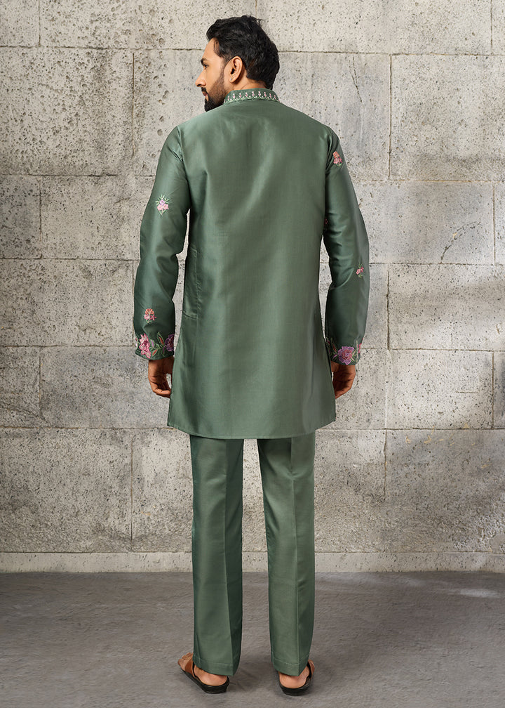 Grey Teal Green Silk Kurta Pajama Set with Intricate Thread &amp; Sequin Detailing