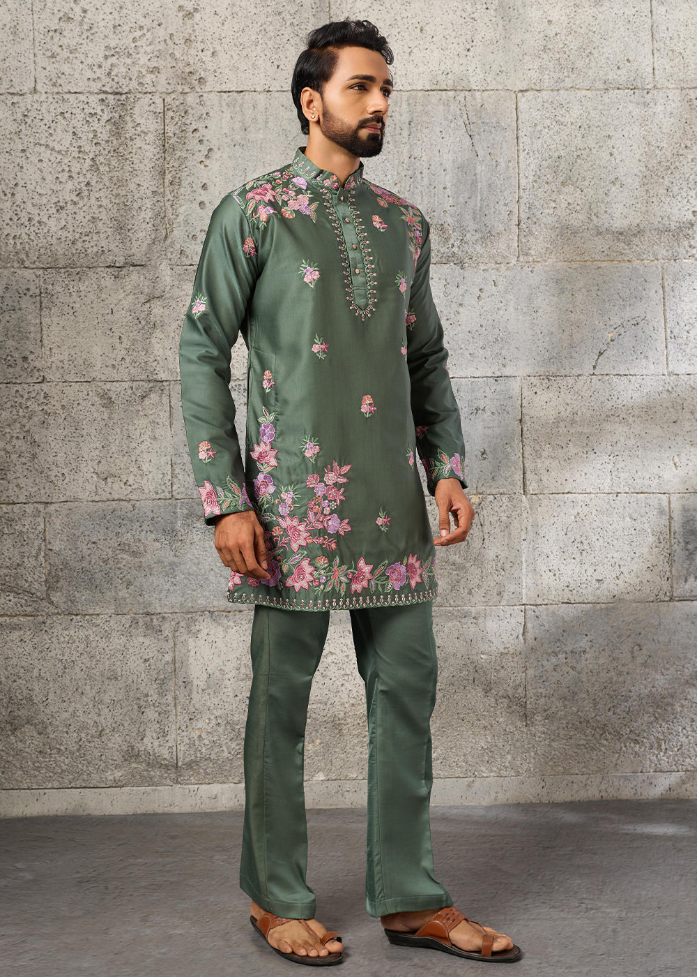 Grey Teal Green Silk Kurta Pajama Set with Intricate Thread & Sequin Detailing