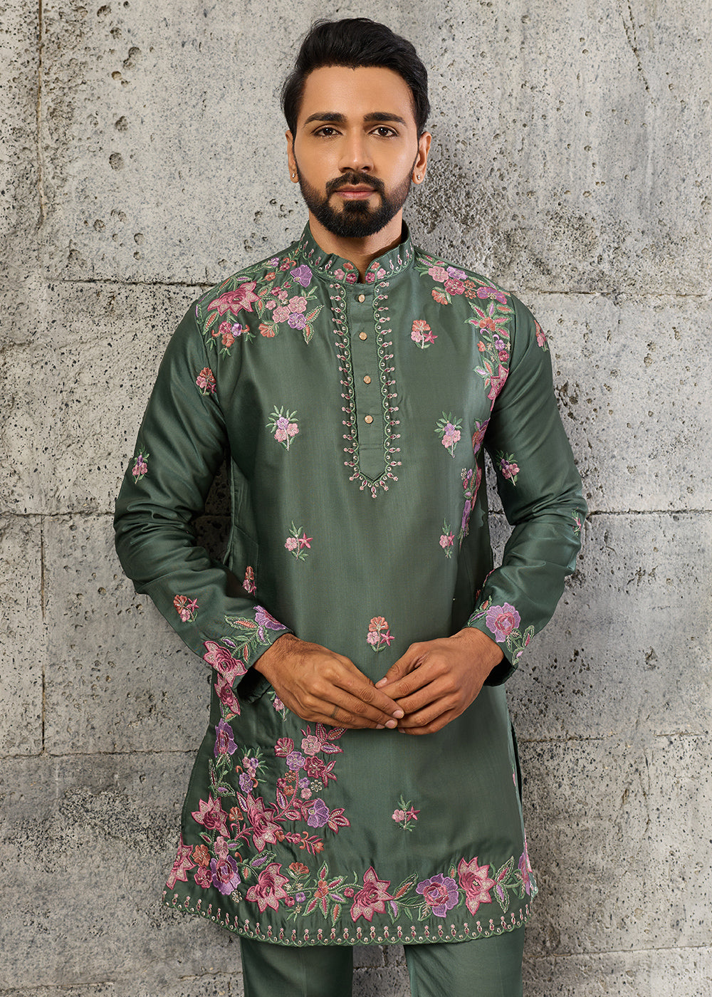 Grey Teal Green Silk Kurta Pajama Set with Intricate Thread &amp; Sequin Detailing