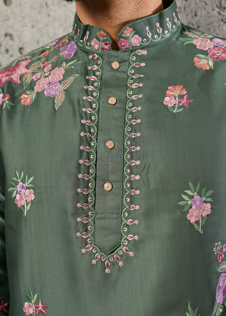 Grey Teal Green Silk Kurta Pajama Set with Intricate Thread &amp; Sequin Detailing