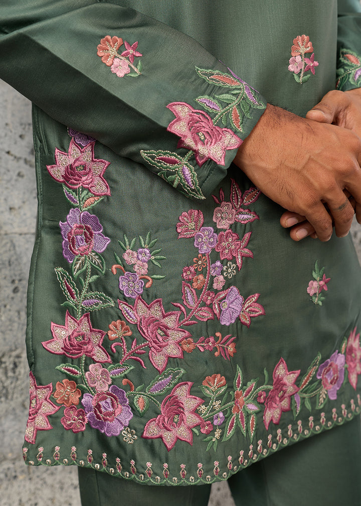 Grey Teal Green Silk Kurta Pajama Set with Intricate Thread &amp; Sequin Detailing
