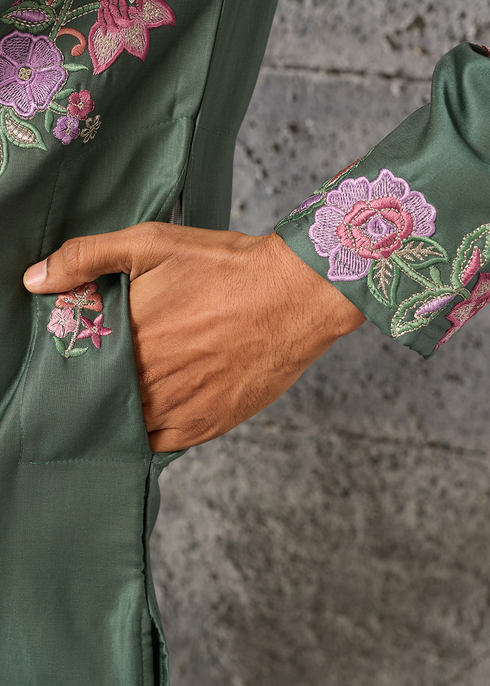 Grey Teal Green Silk Kurta Pajama Set with Intricate Thread &amp; Sequin Detailing