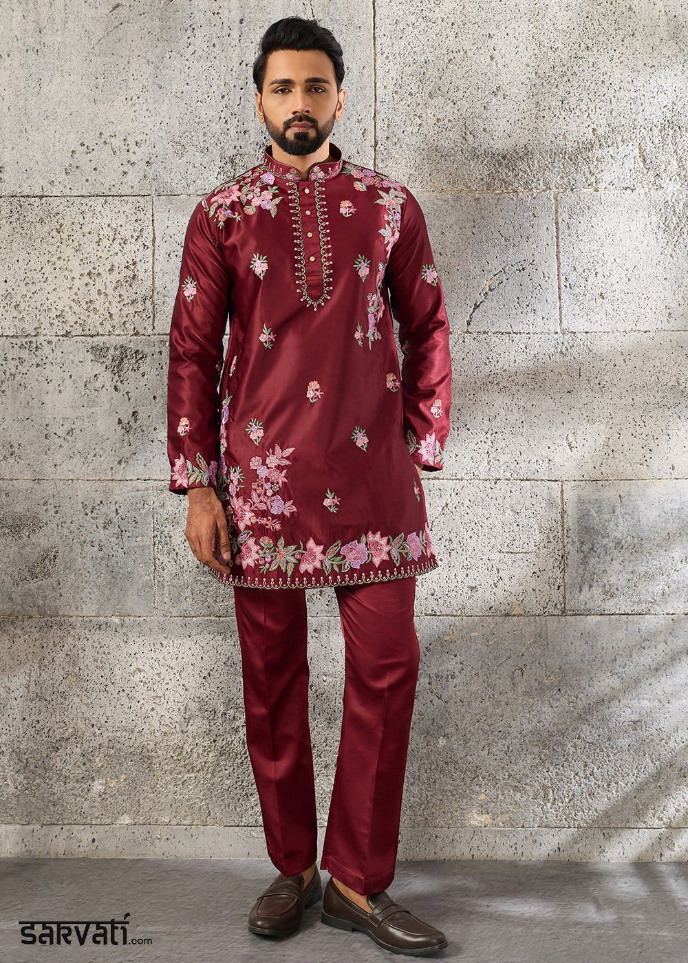 Maroon Red Silk Kurta Pajama Set with Intricate Thread &amp; Sequin Detailing
