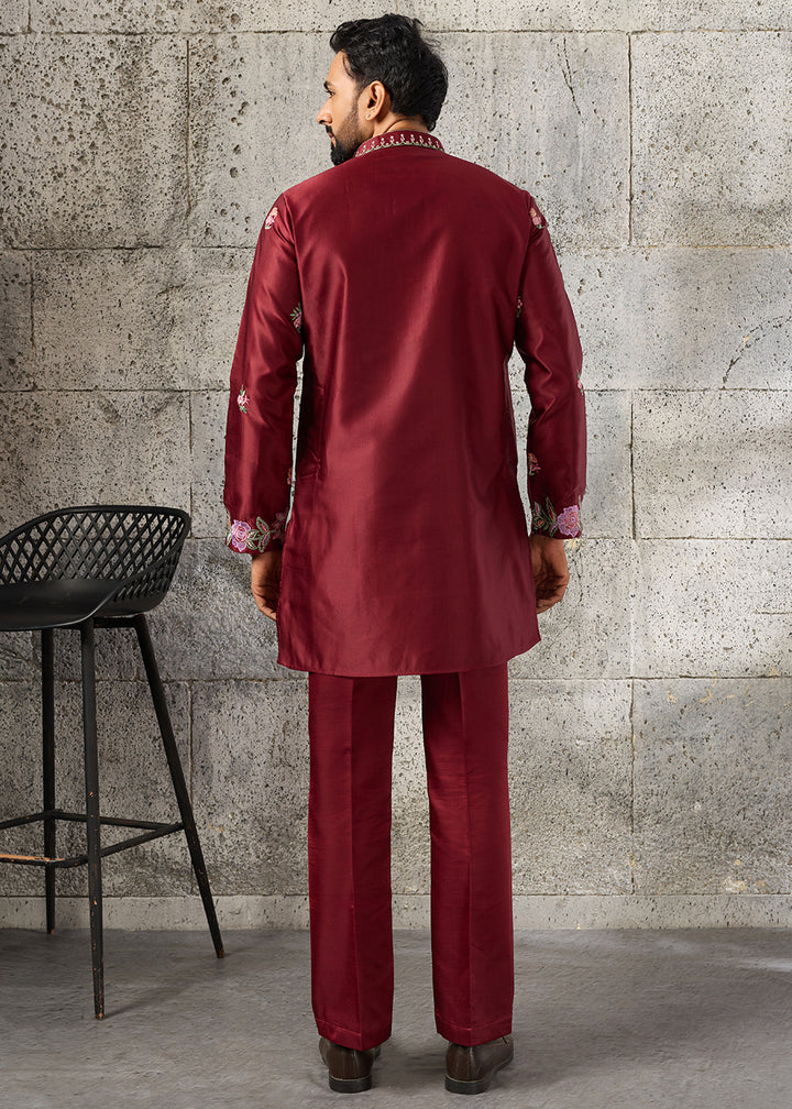 Maroon Red Silk Kurta Pajama Set with Intricate Thread &amp; Sequin Detailing