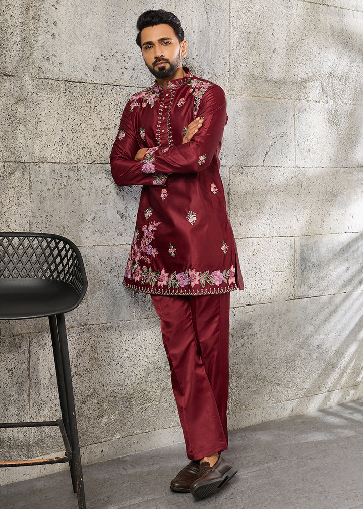 Maroon Red Silk Kurta Pajama Set with Intricate Thread &amp; Sequin Detailing