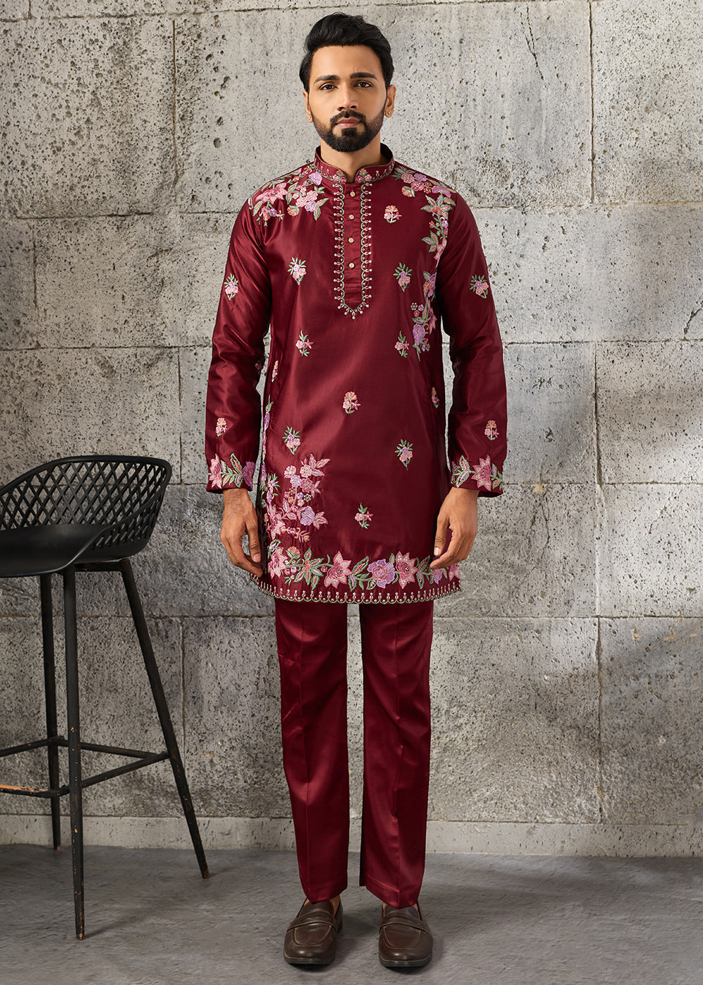 Maroon Red Silk Kurta Pajama Set with Intricate Thread &amp; Sequin Detailing