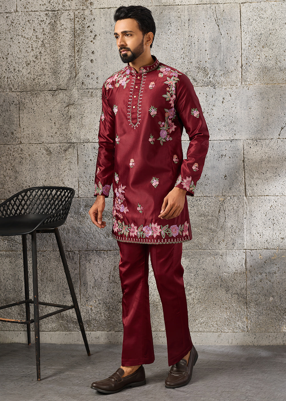 Maroon Red Silk Kurta Pajama Set with Intricate Thread &amp; Sequin Detailing