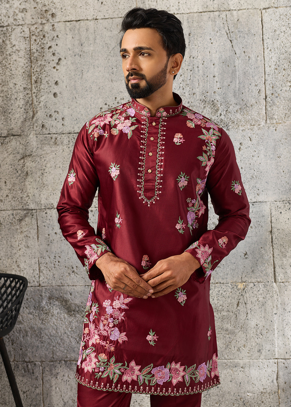 Maroon Red Silk Kurta Pajama Set with Intricate Thread &amp; Sequin Detailing