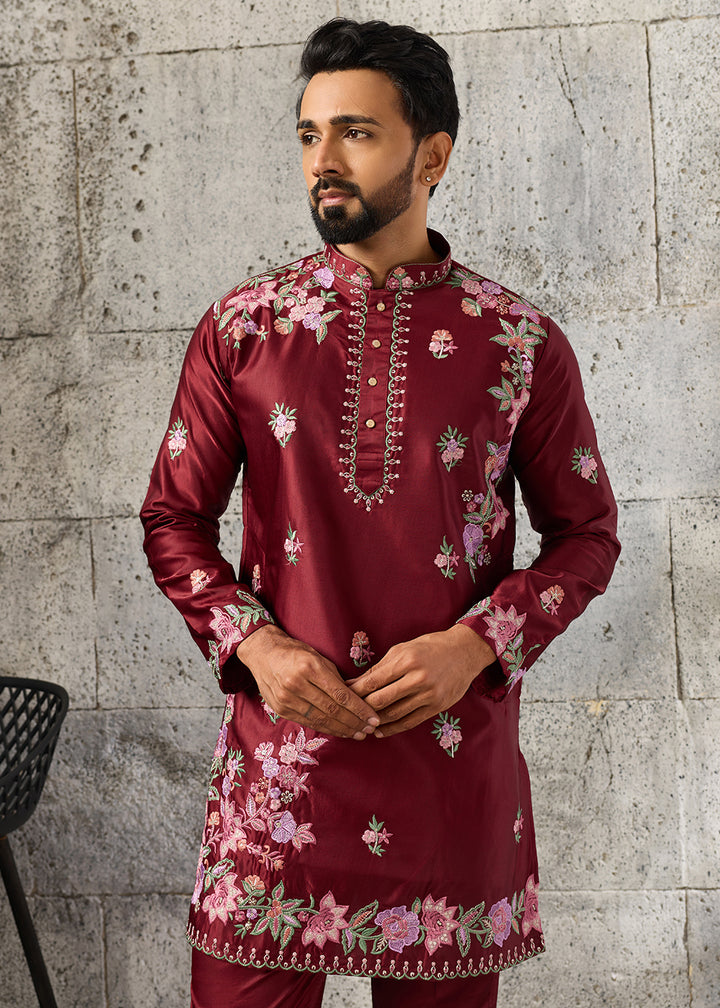 Maroon Red Silk Kurta Pajama Set with Intricate Thread &amp; Sequin Detailing