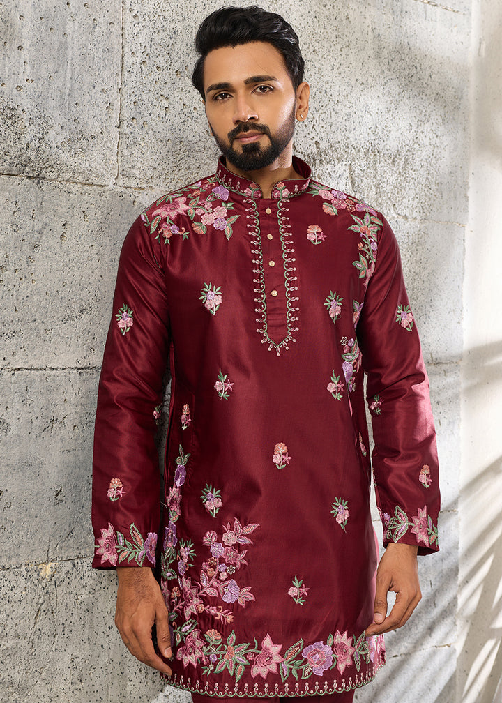 Maroon Red Silk Kurta Pajama Set with Intricate Thread &amp; Sequin Detailing