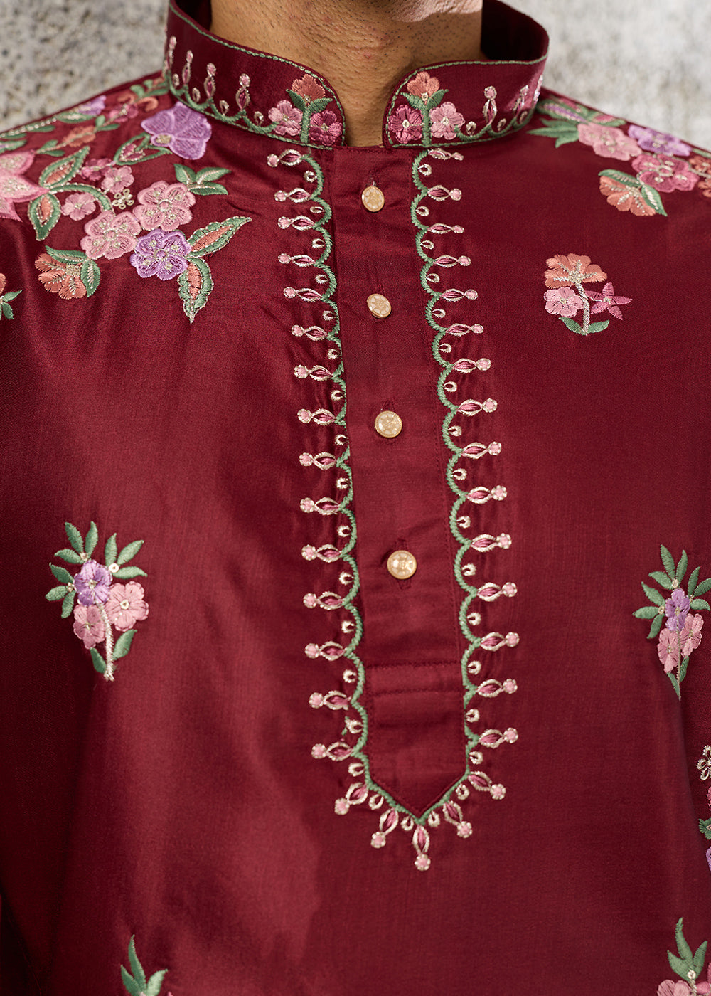 Maroon Red Silk Kurta Pajama Set with Intricate Thread &amp; Sequin Detailing