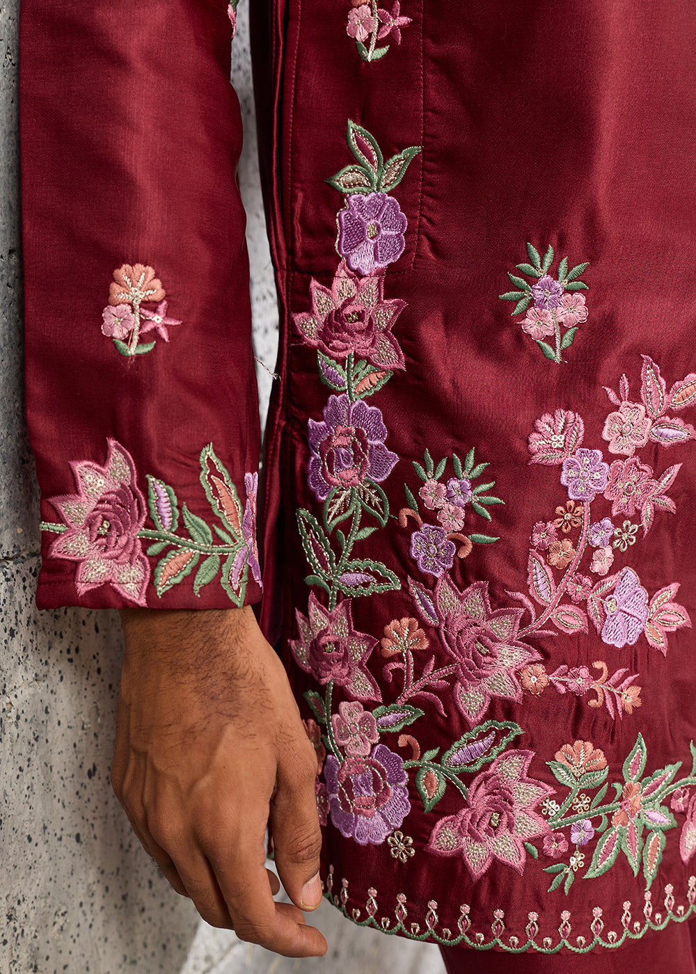 Maroon Red Silk Kurta Pajama Set with Intricate Thread &amp; Sequin Detailing