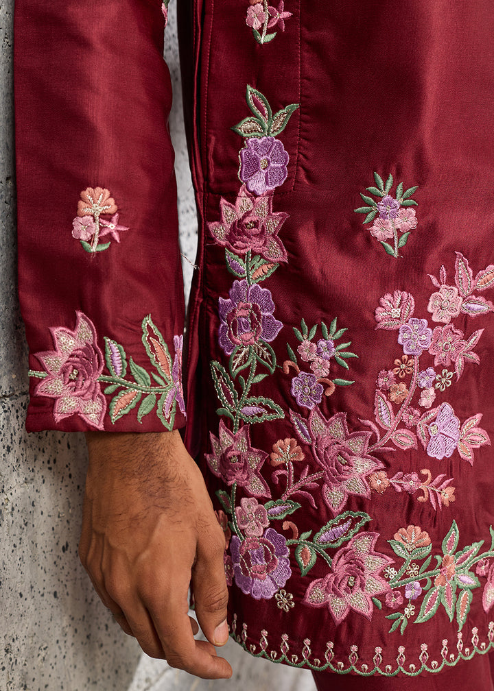 Maroon Red Silk Kurta Pajama Set with Intricate Thread &amp; Sequin Detailing