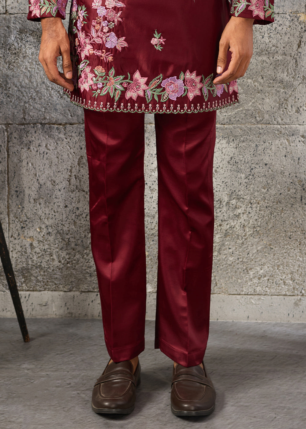 Maroon Red Silk Kurta Pajama Set with Intricate Thread &amp; Sequin Detailing