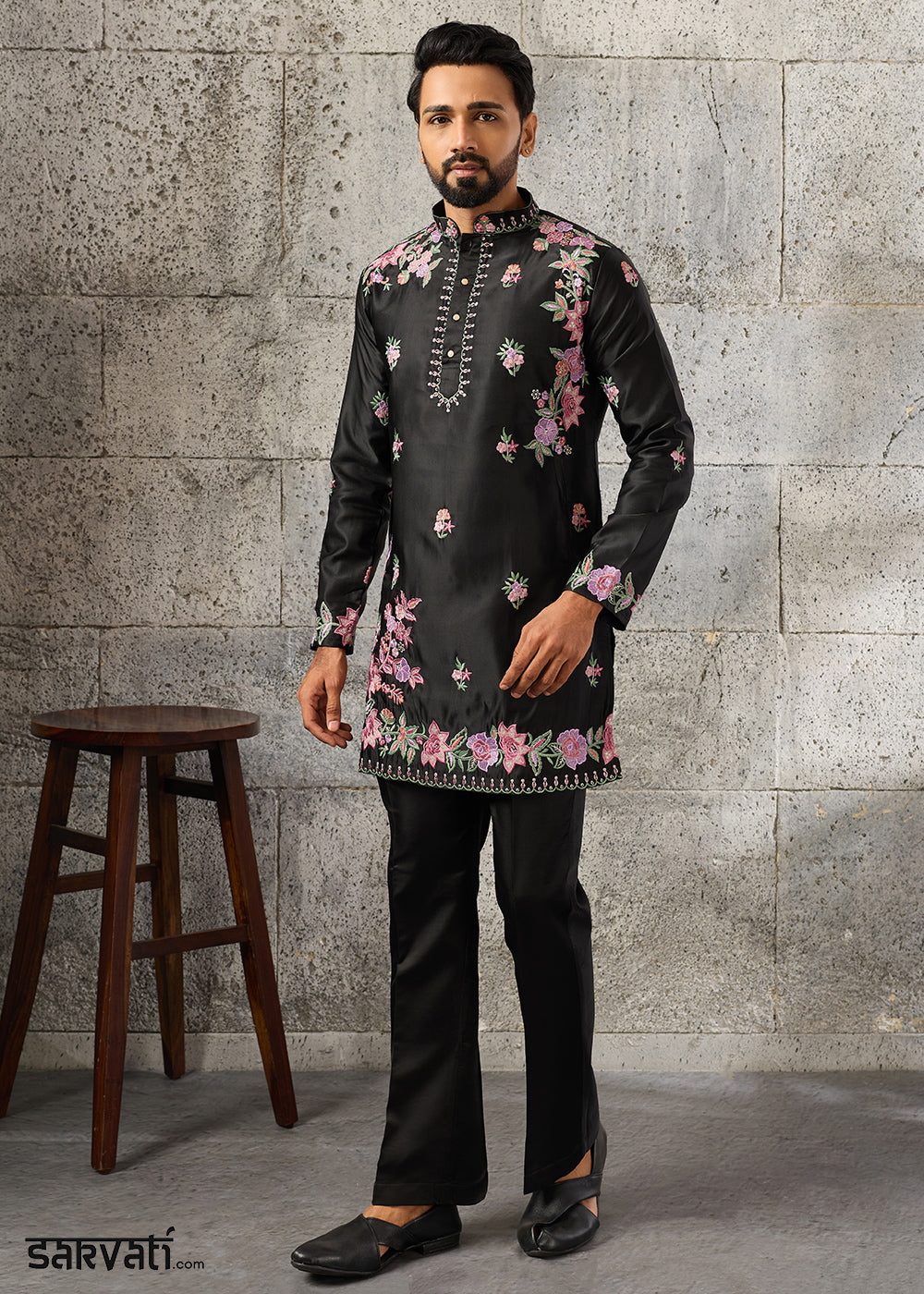 Sable Black Silk Kurta Pajama Set with Intricate Thread &amp; Sequin Detailing
