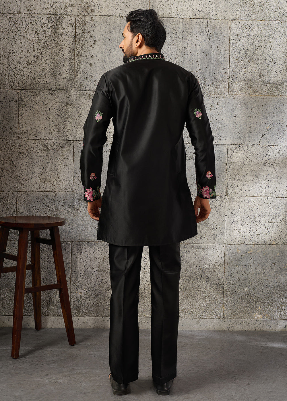 Sable Black Silk Kurta Pajama Set with Intricate Thread & Sequin Detailing