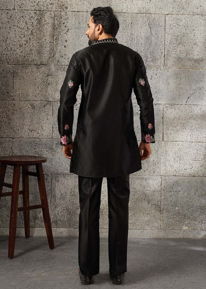 Sable Black Silk Kurta Pajama Set with Intricate Thread &amp; Sequin Detailing