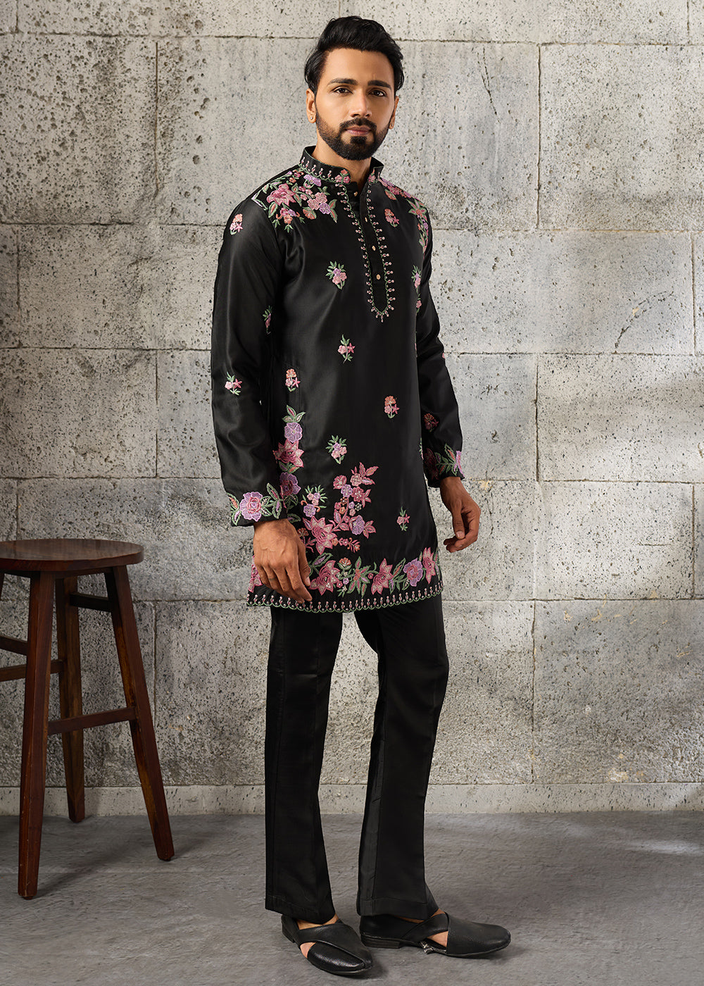 Sable Black Silk Kurta Pajama Set with Intricate Thread &amp; Sequin Detailing