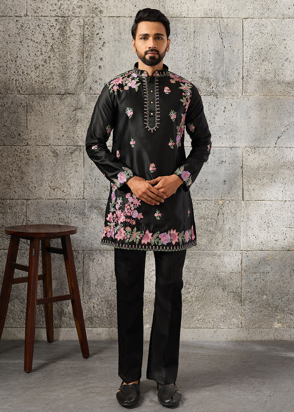 Sable Black Silk Kurta Pajama Set with Intricate Thread &amp; Sequin Detailing