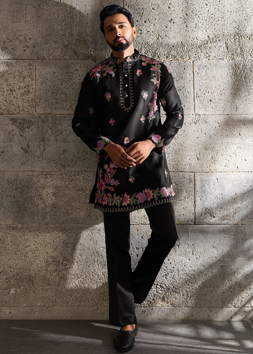 Sable Black Silk Kurta Pajama Set with Intricate Thread &amp; Sequin Detailing