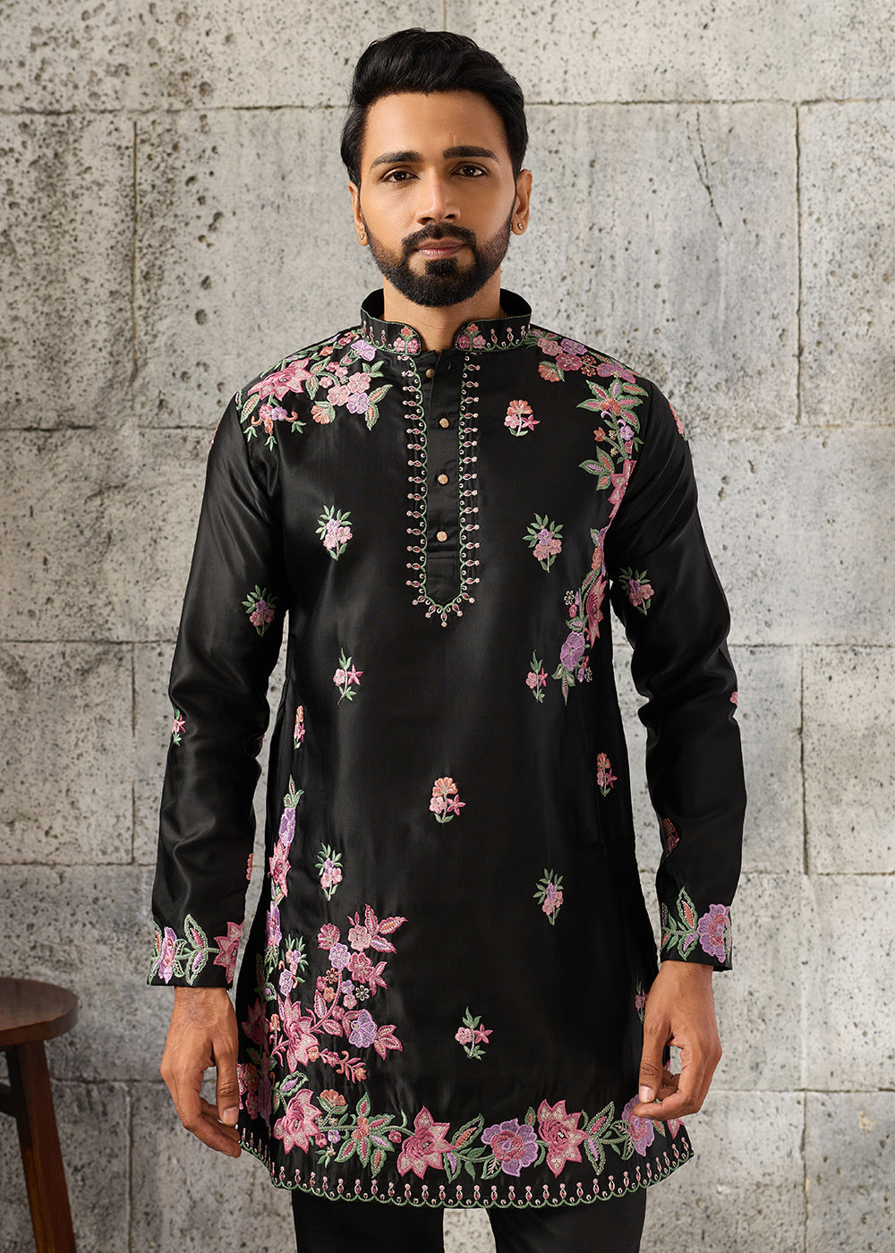 Sable Black Silk Kurta Pajama Set with Intricate Thread &amp; Sequin Detailing