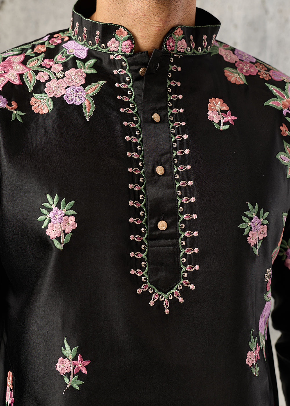 Sable Black Silk Kurta Pajama Set with Intricate Thread &amp; Sequin Detailing