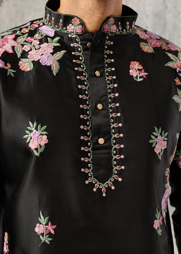Sable Black Silk Kurta Pajama Set with Intricate Thread &amp; Sequin Detailing