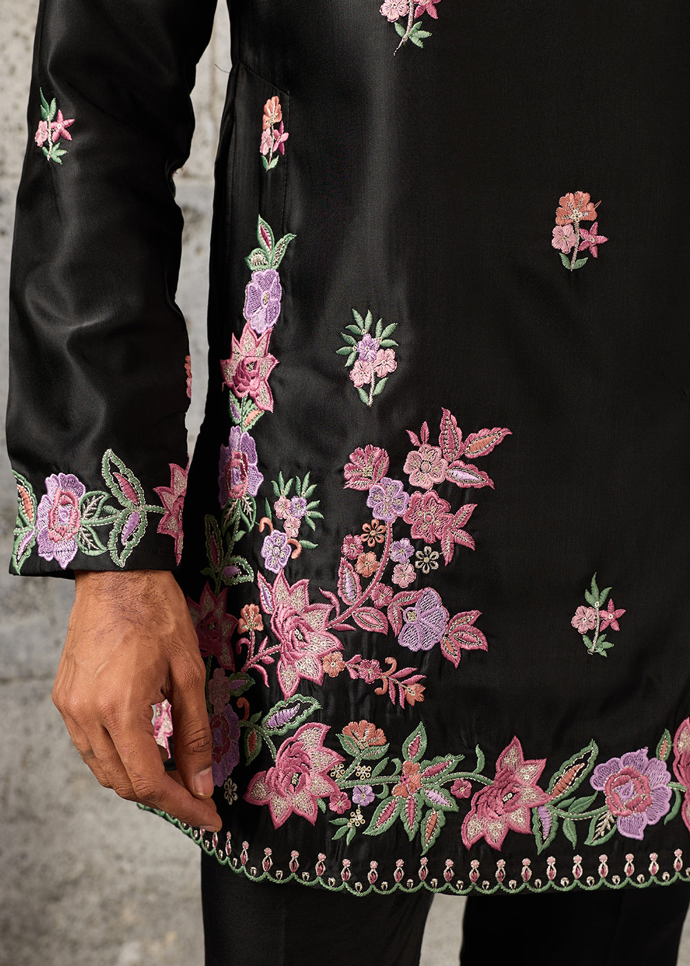 Sable Black Silk Kurta Pajama Set with Intricate Thread &amp; Sequin Detailing