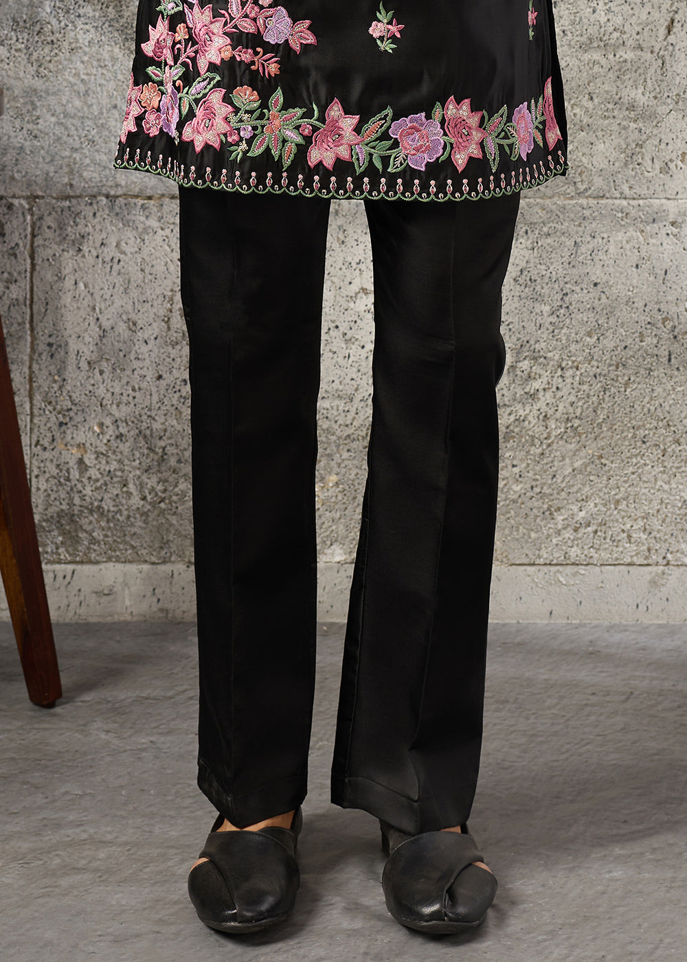 Sable Black Silk Kurta Pajama Set with Intricate Thread &amp; Sequin Detailing
