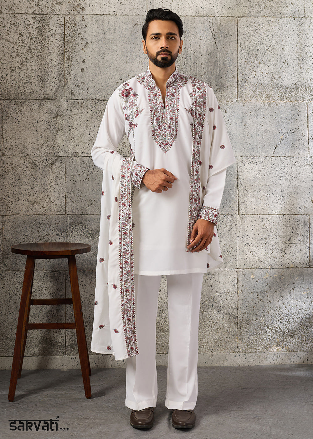 Pearl White Crepe Silk Kurta Pajama Set with Intricate Thread &amp; Sequin Detailing